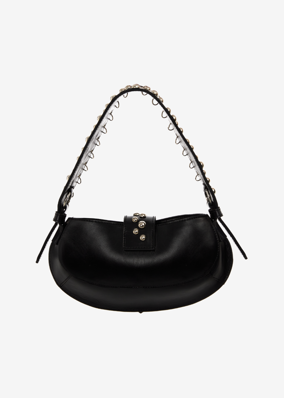 Black handbag with decorative chain strap on a white background