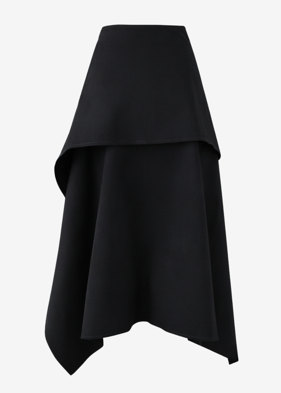 A black asymmetrical draped skirt with a high-waisted, layered design, shown against a plain light gray background.