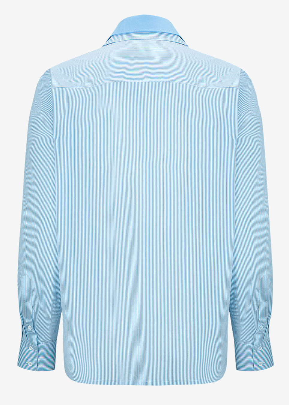 A light blue long-sleeve button-up shirt shown from the back, featuring a subtle vertical textured stripe pattern, on a clean white background.