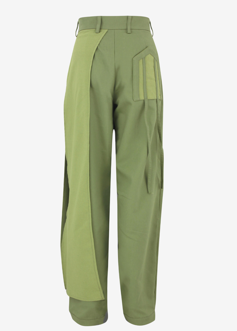 Apple green wide-leg trousers with unique diagonal color-blocked panels and utility pockets, shown on a plain light gray background.