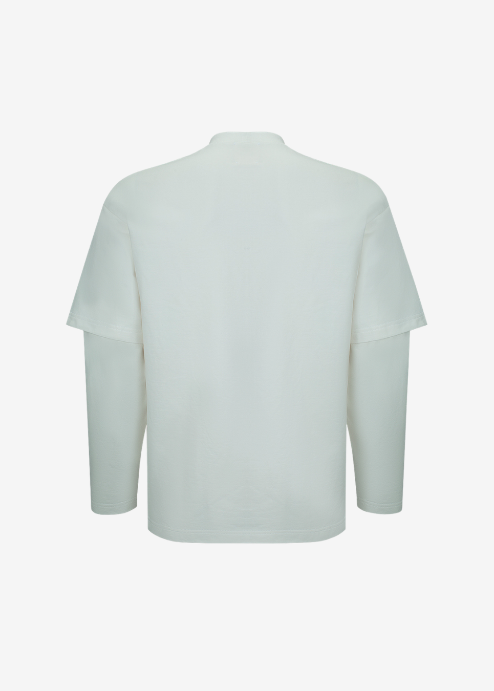 A white long-sleeve t-shirt shown from the back, photographed against a clean, solid off-white background.