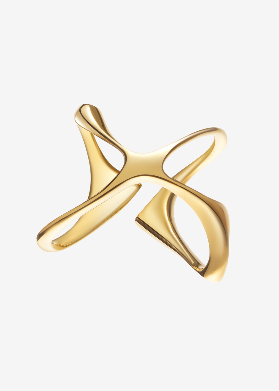 A gold abstract ring with a sculptural, flowing design, shown on a clean white background.
