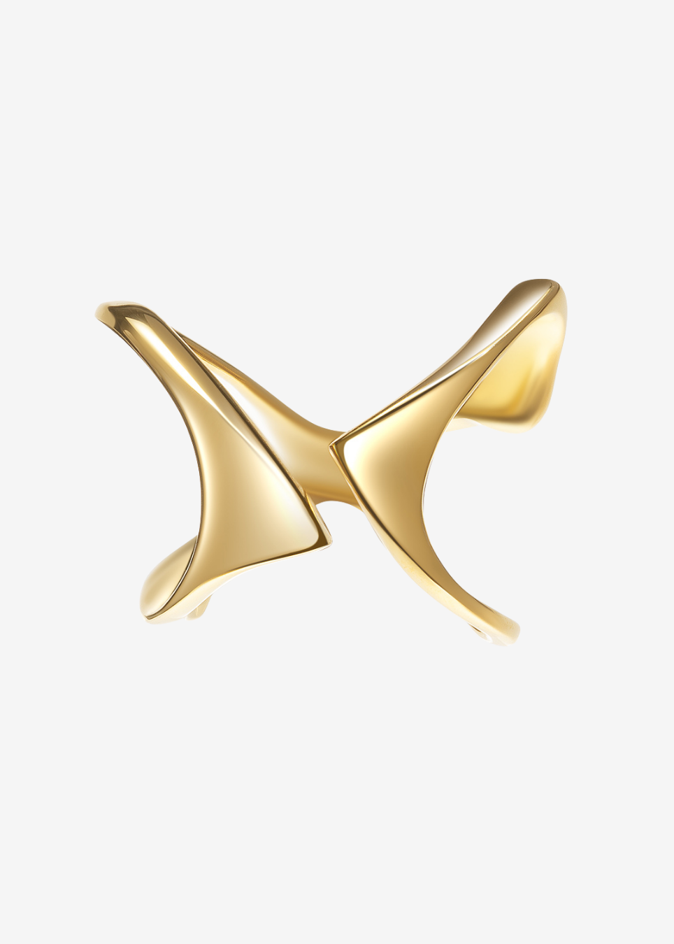 A gold abstract ring with a sculptural, flowing design, shown on a plain light gray background.