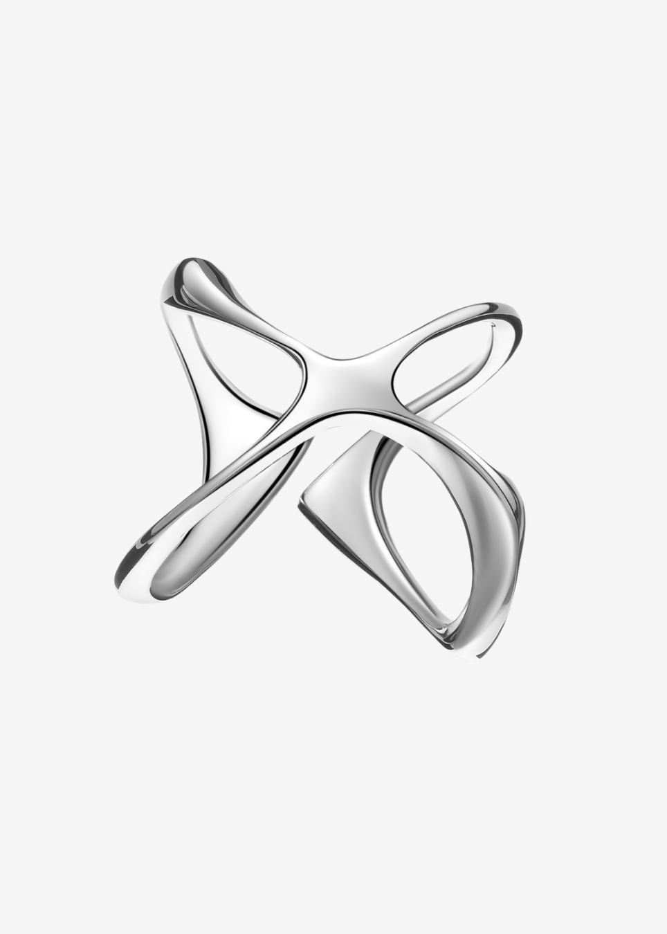 A polished silver-toned abstract ring with a sculptural, flowing ribbon-like design, shown on a clean light gray background.