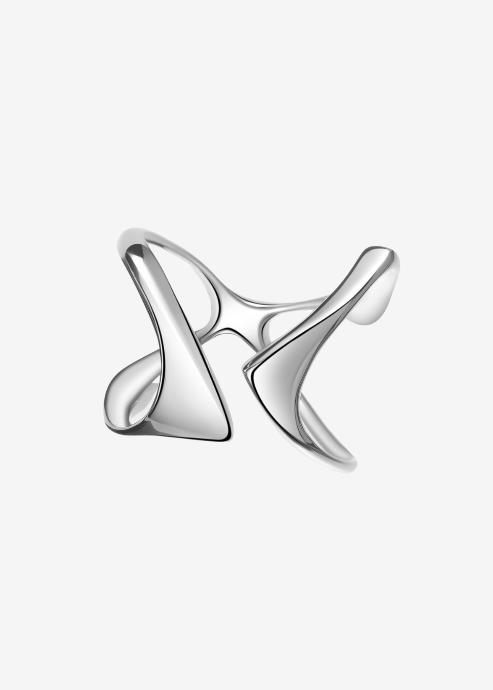 A polished silver-toned abstract ring with a sculptural, flowing design, displayed on a clean, light gray background.