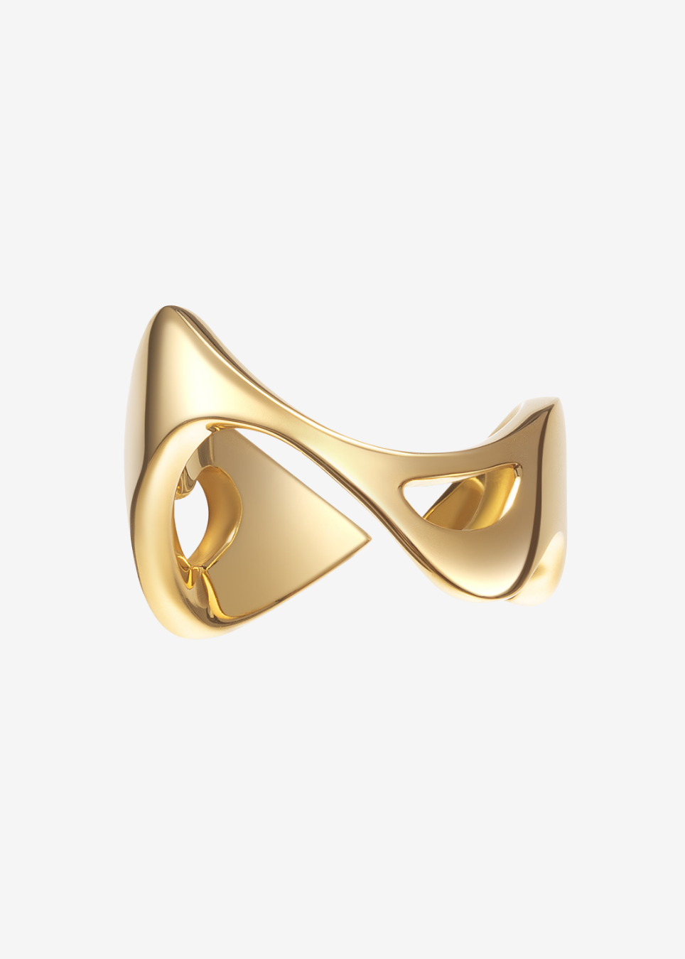 A gold-colored abstract ring with a fluid, organic looped design, shown on a clean white background.