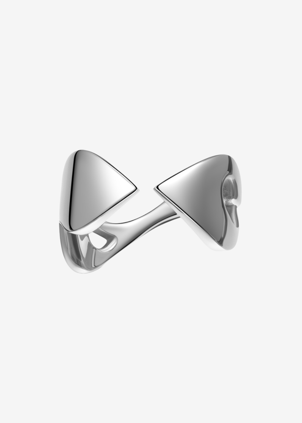 A polished silver-toned metal ring with a unique design, shown on a clean, light gray background.