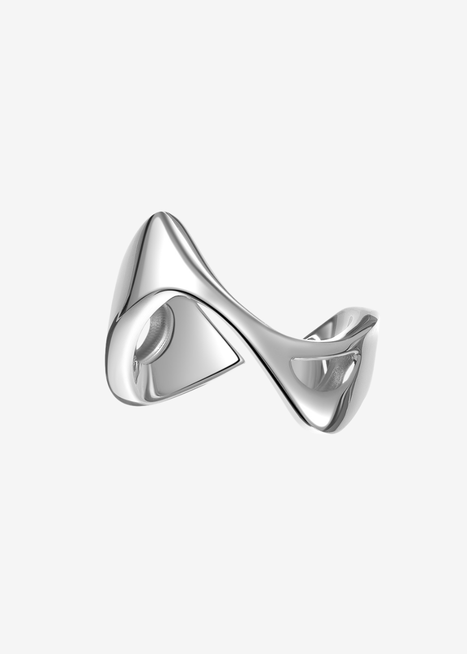 A polished silver-toned ring with an abstract, fluid looped design, shown on a clean light gray background.