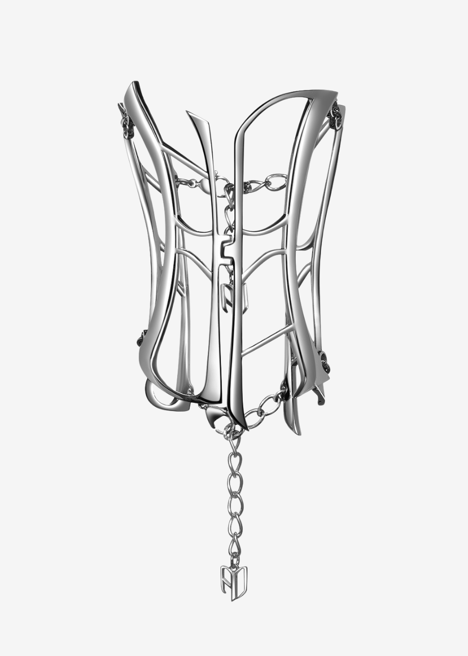 A metallic silver corset-style cuff bracelet with an open web-like structure, front chain closure, and a hanging chain with a small pendant, shown on a plain light gray background.