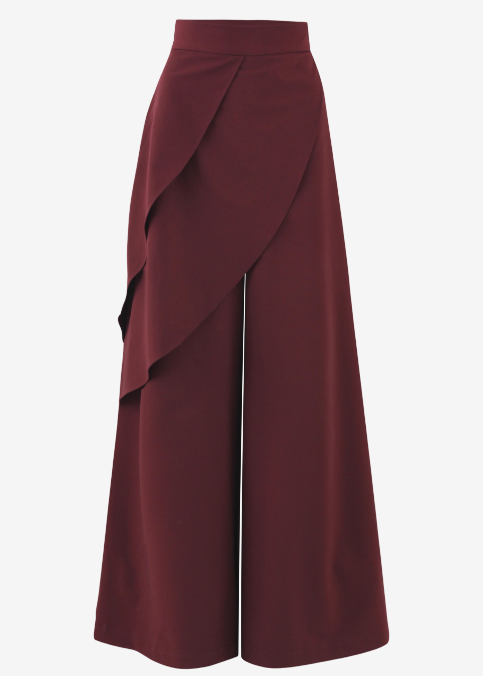 A high-waisted, wide-leg skirt in a deep burgundy or maroon shade, featuring a draped, asymmetrical wrap design on the left side, shown against a plain light gray background.