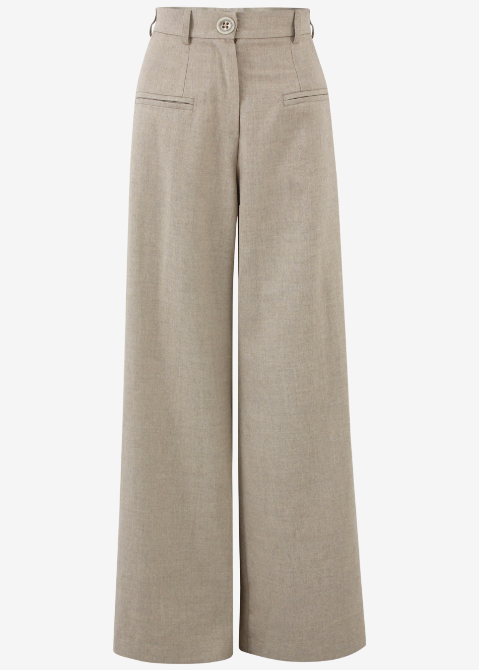 A pair of high-waisted, wide-leg trousers in a light beige textured fabric, featuring a button closure and welt pockets, shown against a plain white background.