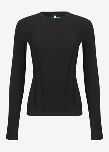 A black long-sleeve crewneck top with subtle seam detailing on the sides, shown against a plain light gray background.