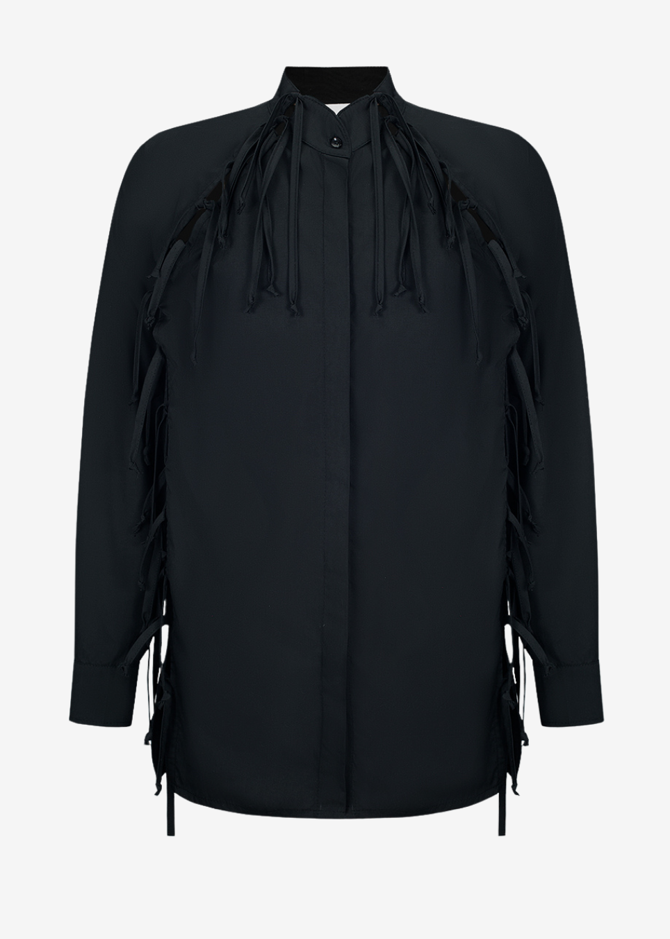 A black long-sleeve shirt with a high collar, front button placket, and dramatic fringe detailing along the shoulders and sides, shown against a plain light gray background.