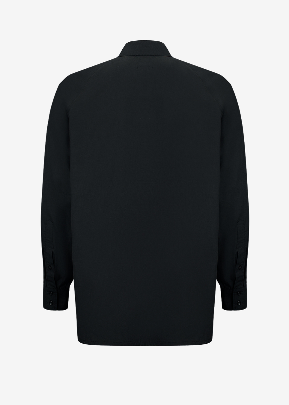 A black long-sleeve button-down shirt shown from the back, displayed on a clean white background.