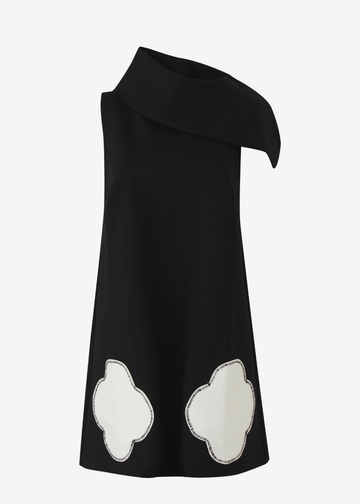 A black asymmetrical one-shoulder dress with two large white cloud-like appliques outlined in black on the front, shown against a plain light gray background.