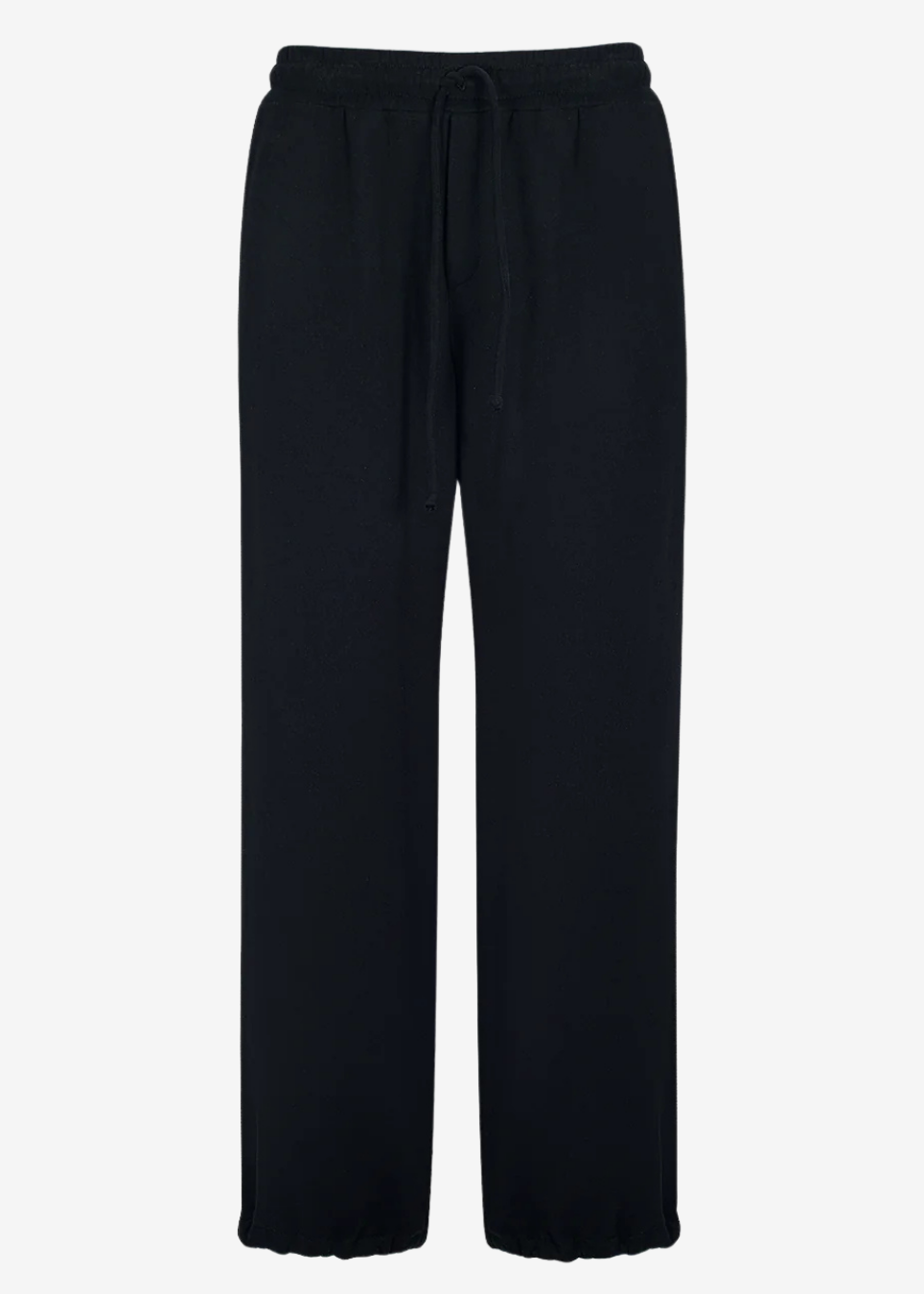 Black wide-leg lounge pants with an elastic waistband and drawstring, shown flat against a light gray background.