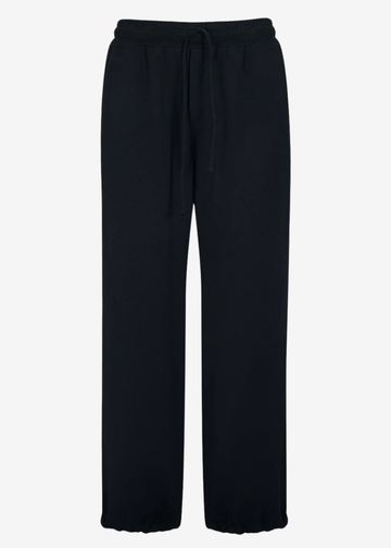 Black wide-leg lounge pants with an elastic waistband and drawstring, shown flat against a light gray background.