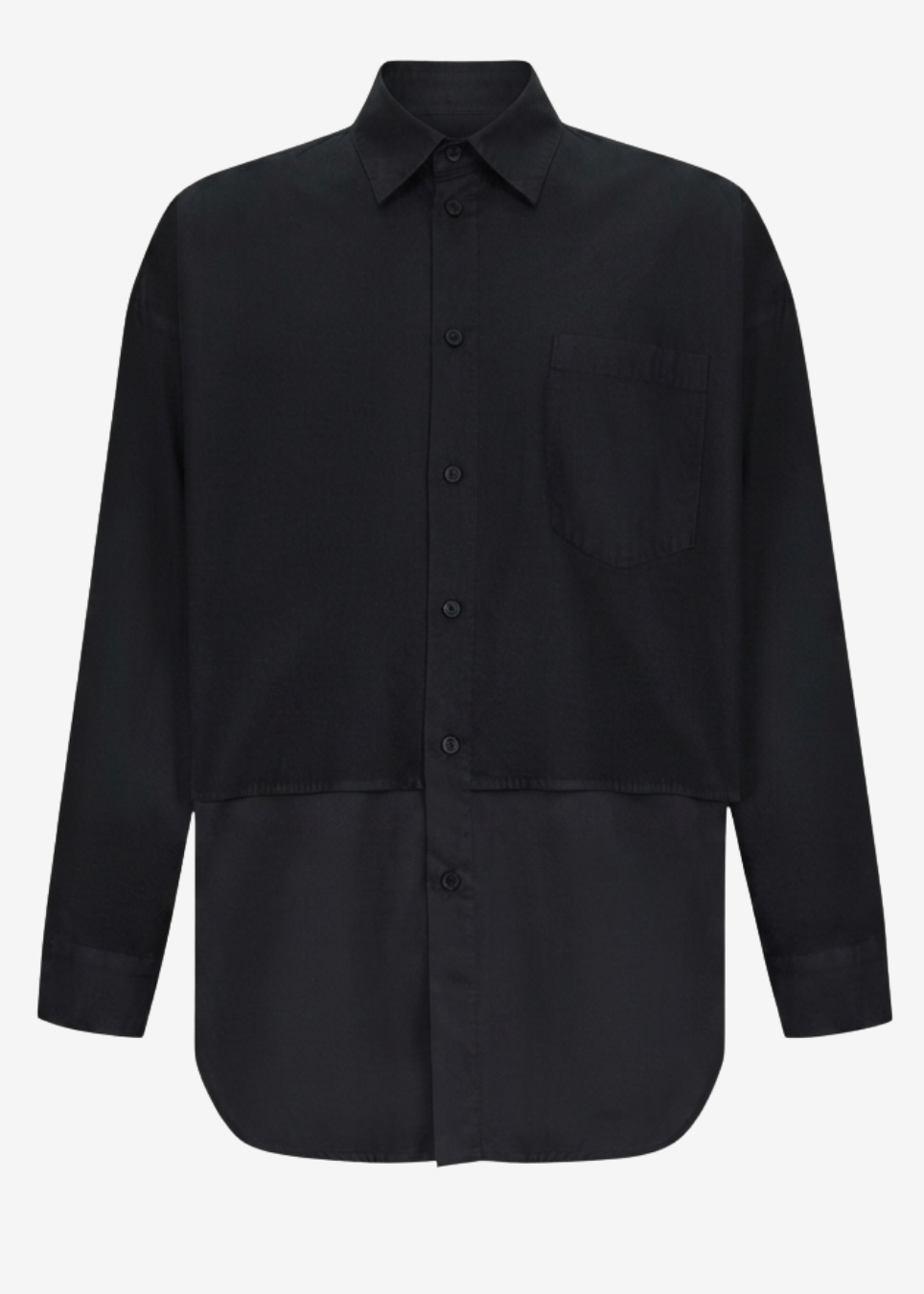 A black long-sleeve button-up shirt with a chest pocket, photographed flat against a light gray background.