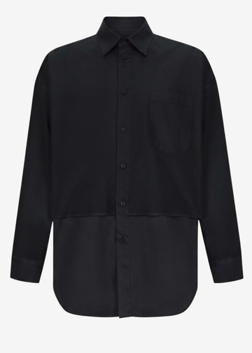 A black long-sleeve button-up shirt with a chest pocket, photographed flat against a light gray background.