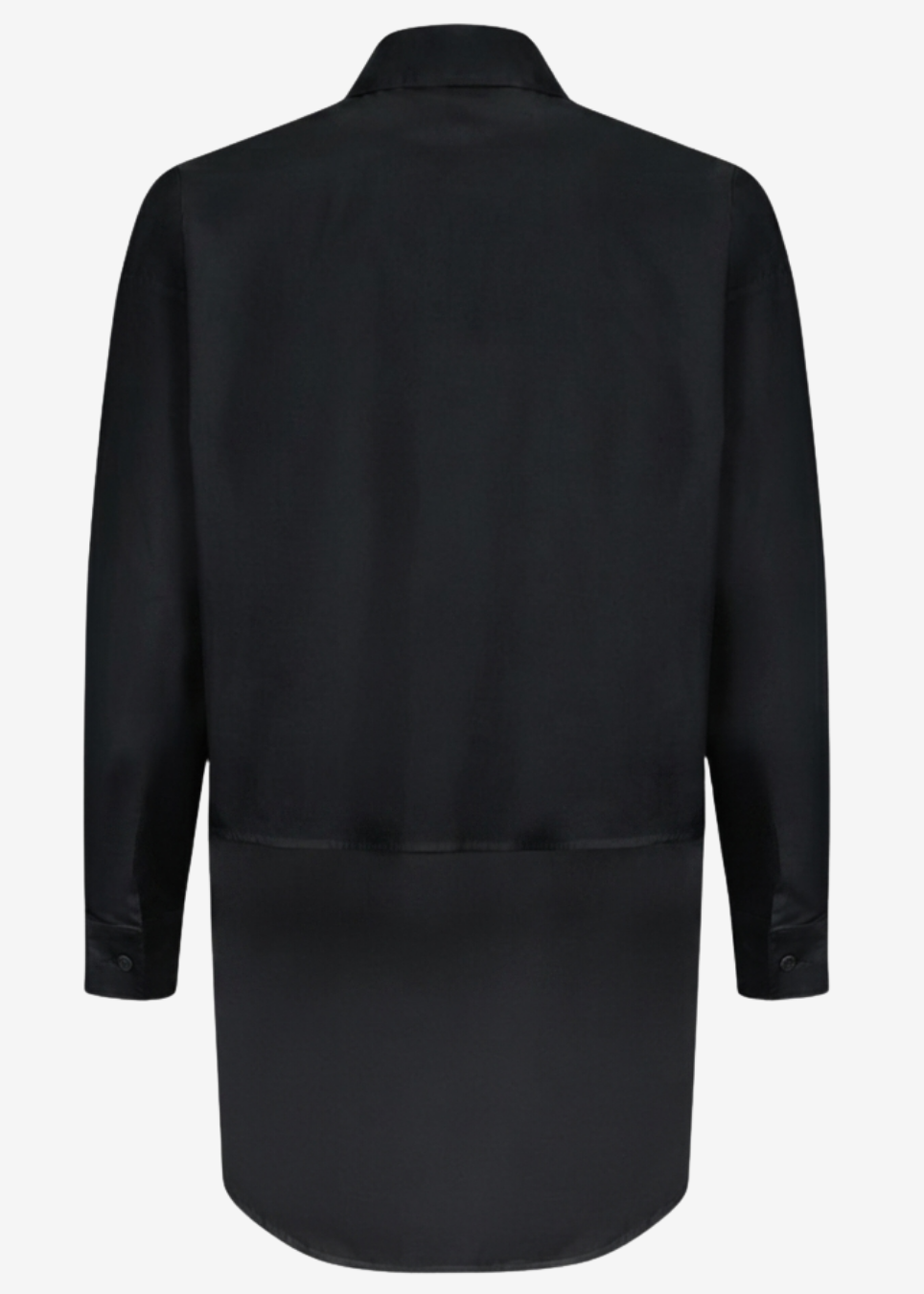 A black longline shirt jacket shown from the back, featuring a high collar, long sleeves, and a subtle horizontal seam near the lower back, displayed on a clean white background.