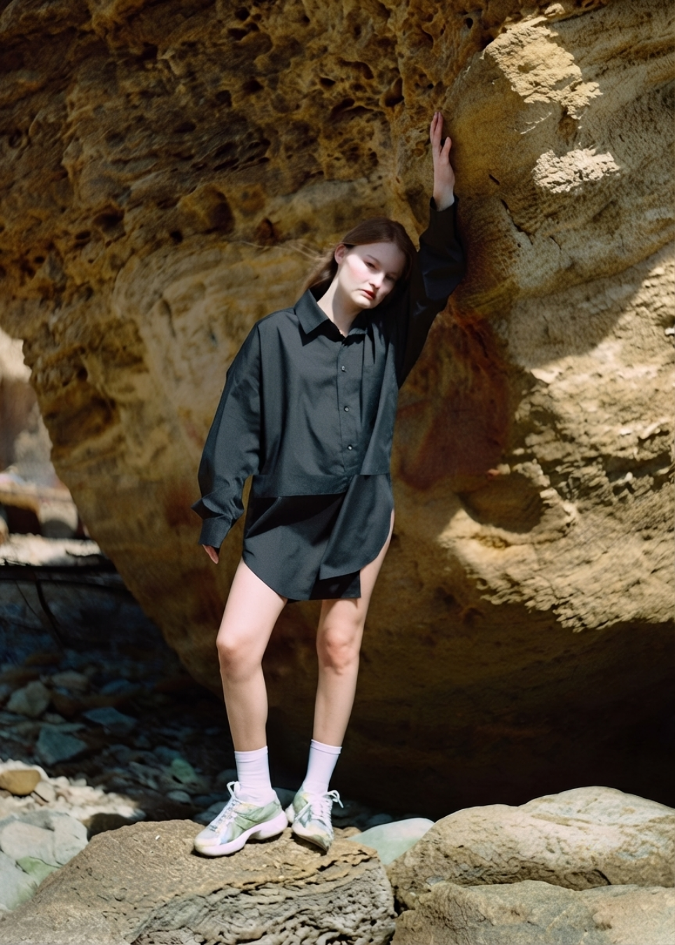 A model wearing a black oversized button-down shirt stands on rocks in front of a large sunlit cave wall, with one hand resting on the rock face.