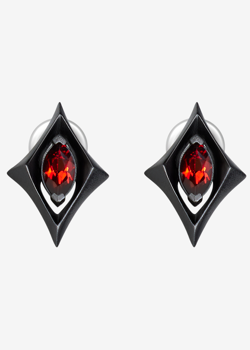 A pair of black geometric stud earrings with a central faceted red gemstone, shown against a plain light gray background.