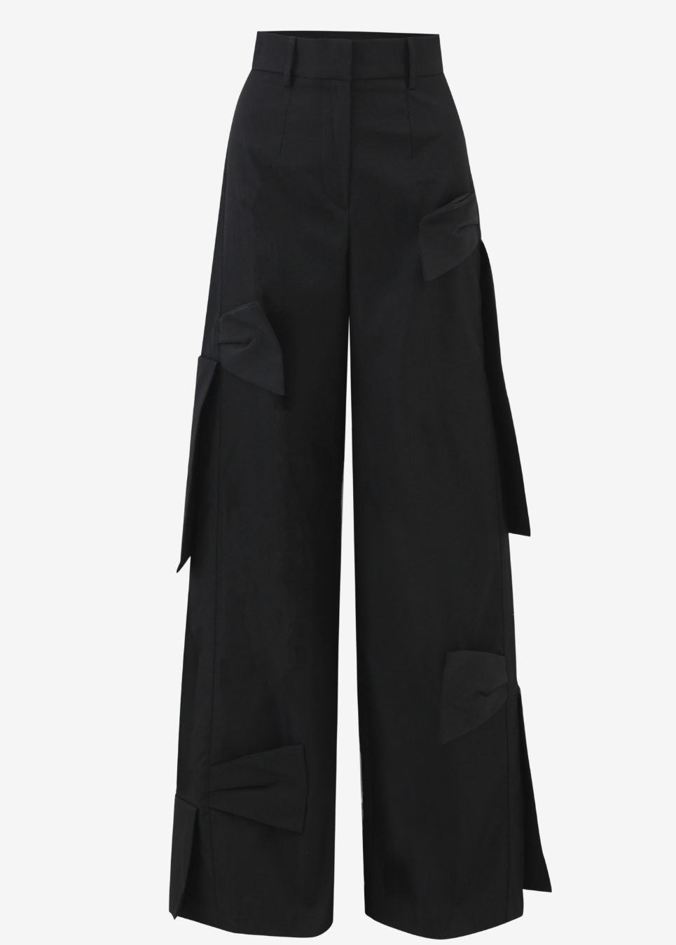 Black wide-leg cargo pants with large structured flap pockets on the sides and lower legs, shown against a plain light gray background.