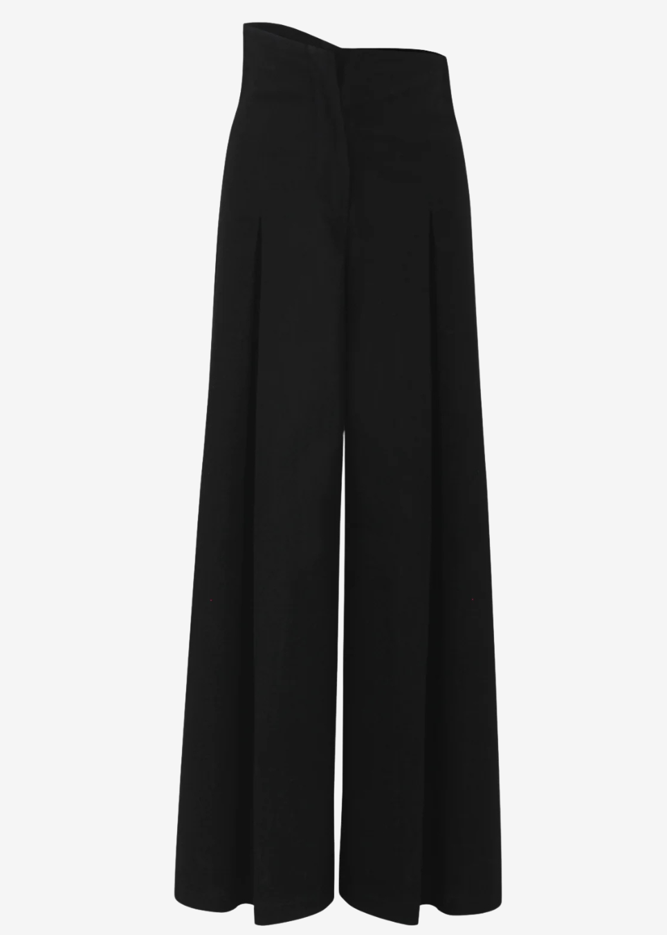 Black wide-leg cropped pants with a structured, slightly draped waistband, shown against a plain light gray background.