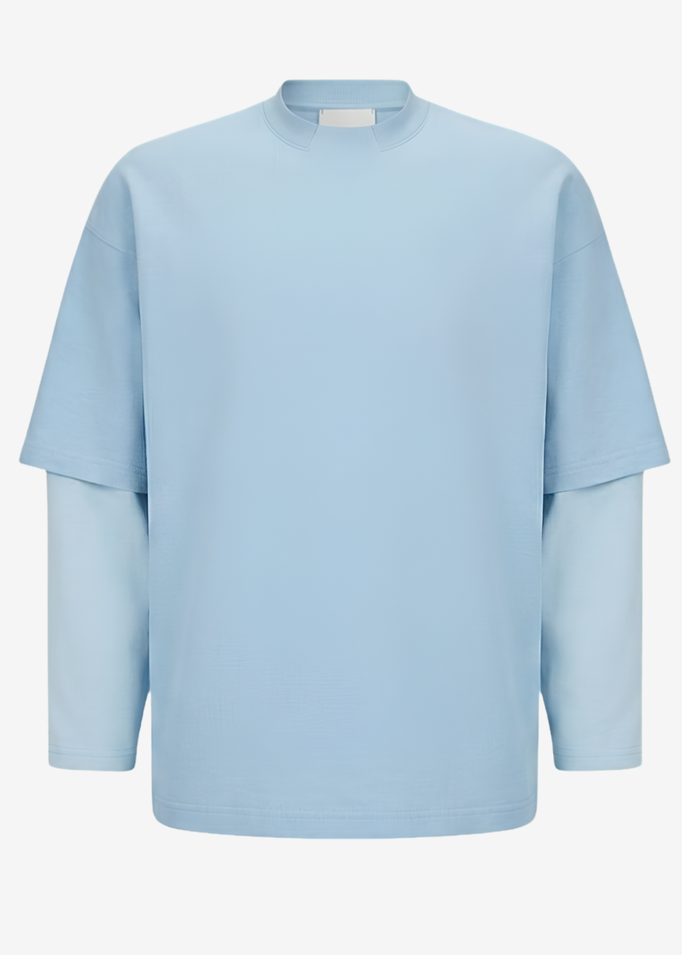 A light blue long-sleeve t-shirt with a layered, double-layered sleeve design, shown against a plain light gray background.