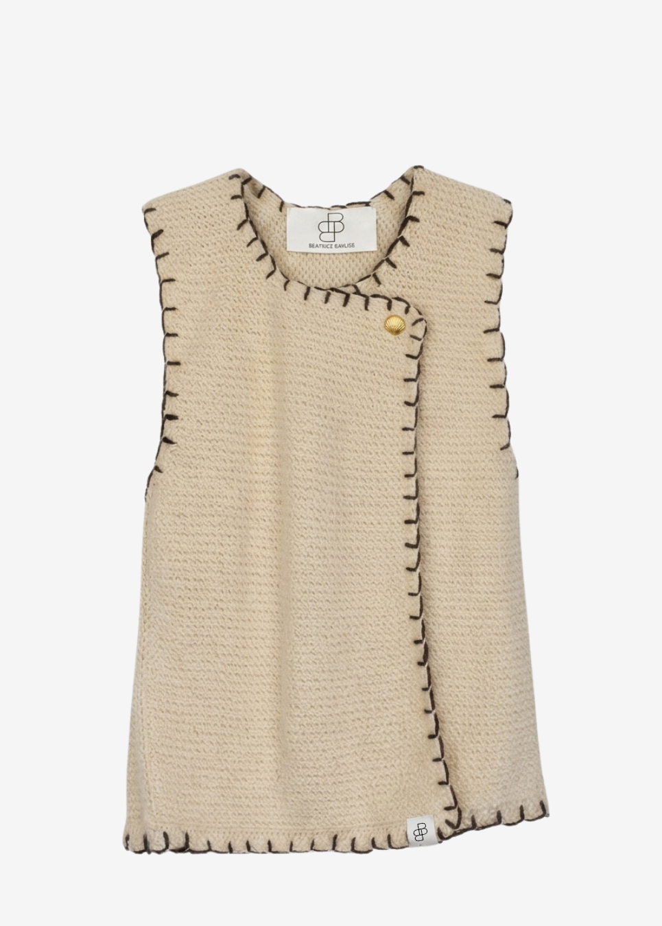 A sleeveless beige knit vest with dark brown contrast stitching and a single gold button, shown flat against a light gray background.