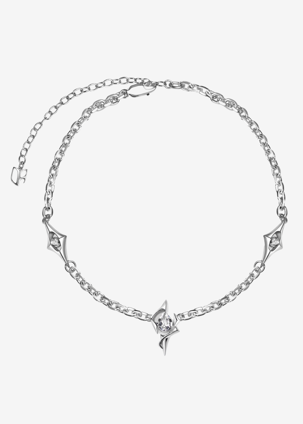 A silver chain anklet featuring three stylized, pointed star-like charms and an adjustable lobster clasp, displayed on a light gray background.