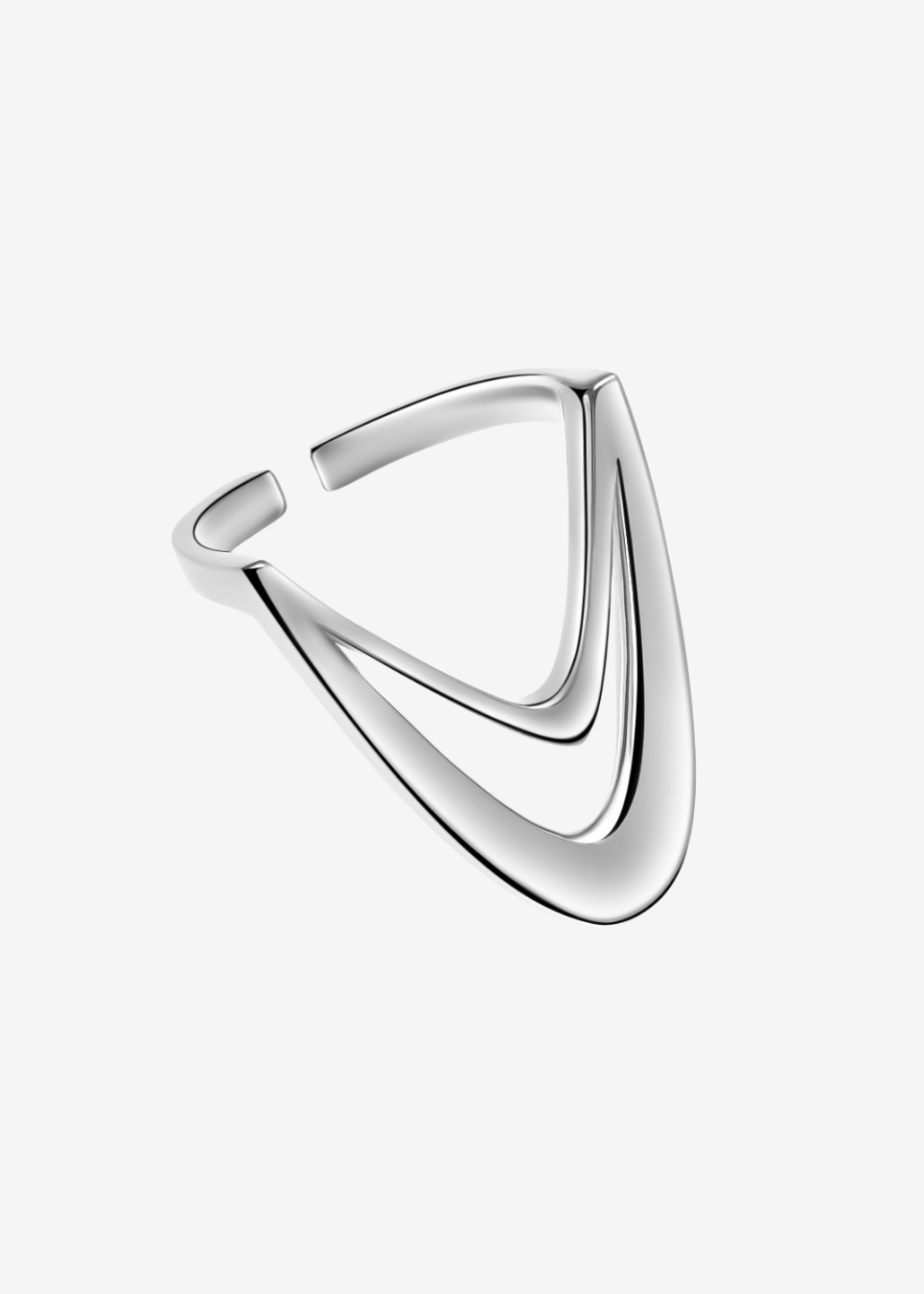 A polished silver-toned triangular ring with a split open-back design, shown on a clean, light gray background.