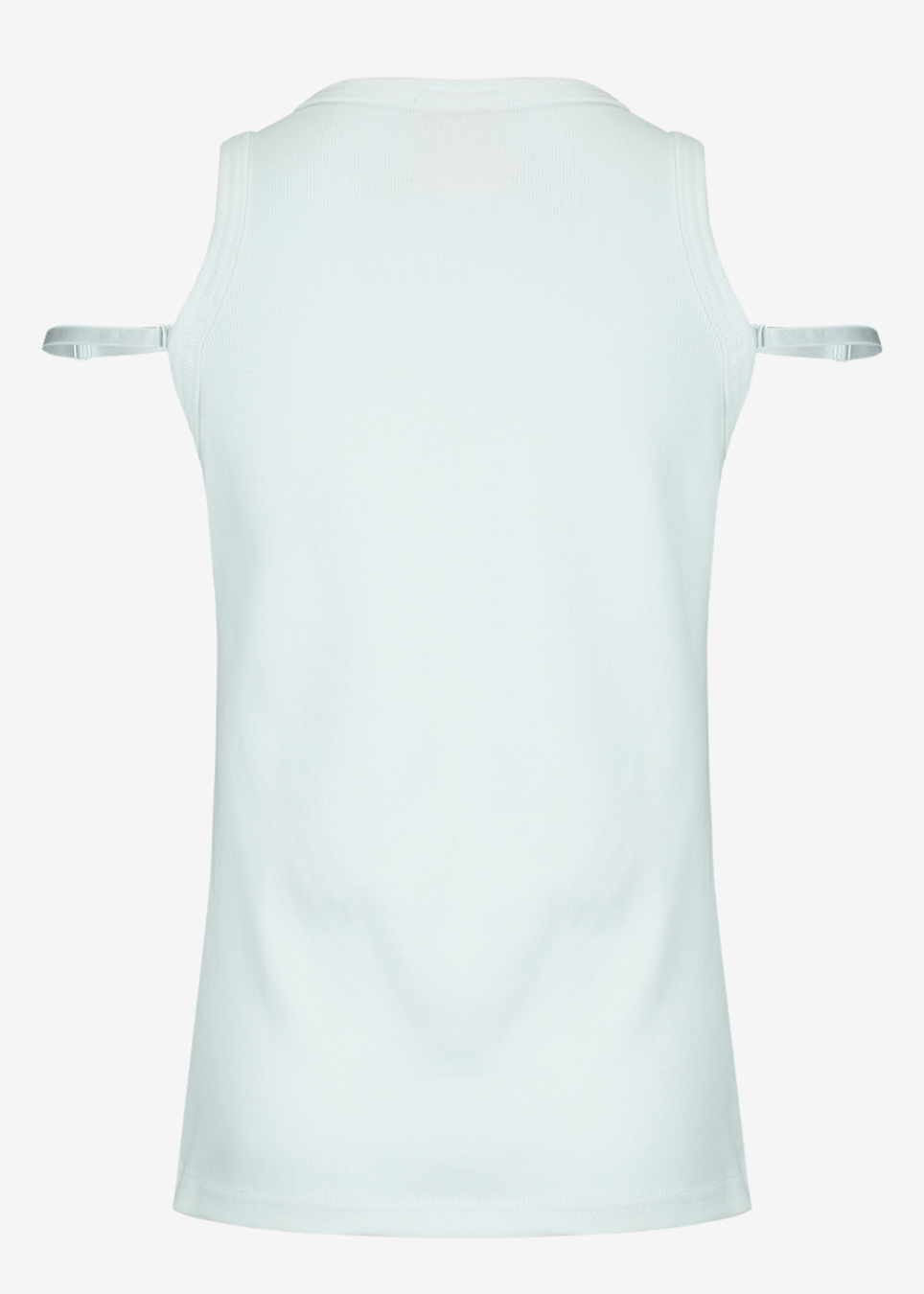 A sleeveless white tank top with shoulder strap details, shown from the back on a plain white background.