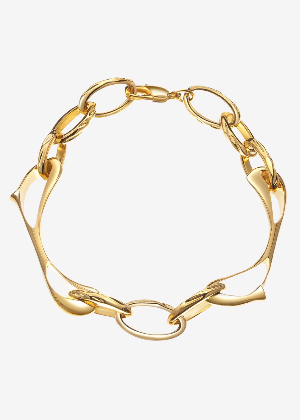 A gold-toned metal link bracelet with a mix of flat bands, twisted oval links, and a central ring, displayed on a clean white background.