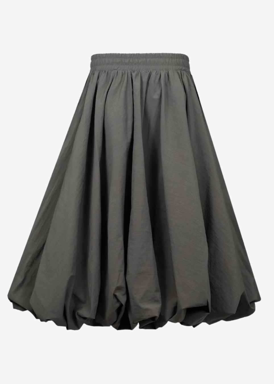 A dark gray pleated skirt with an elastic waistband, shown against a plain white background.