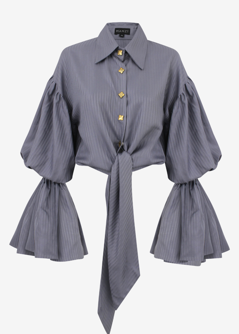 A gray pinstriped button-up shirt with gold-tone buttons, dramatic bell sleeves with gathered cuffs, and a front tie detail, shown on a plain light background.