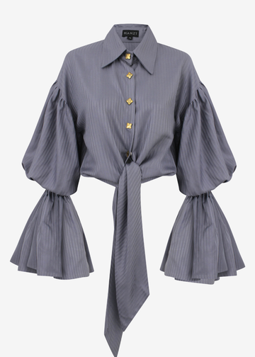 A gray pinstriped button-up shirt with gold-tone buttons, dramatic bell sleeves with gathered cuffs, and a front tie detail, shown on a plain light background.