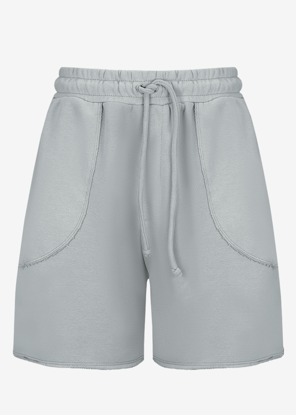 Light gray sweat shorts with an elastic drawstring waist and large front patch pockets, shown on a plain light gray background.