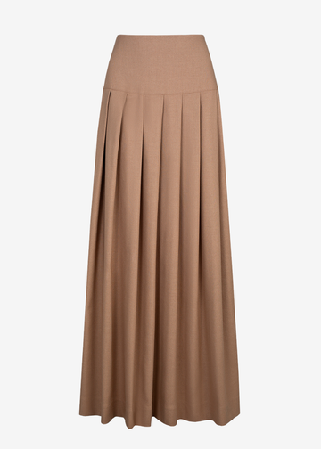 A high-waisted, long pleated maxi skirt in a solid taupe-brown color, shown against a plain light gray background.