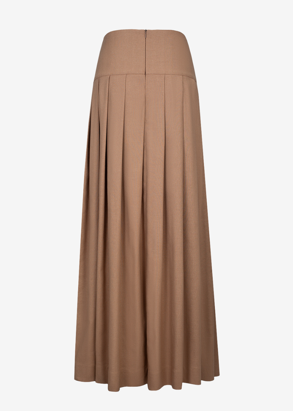 A high-waisted, floor-length pleated skirt in a warm taupe-brown color, shown against a plain light gray background.
