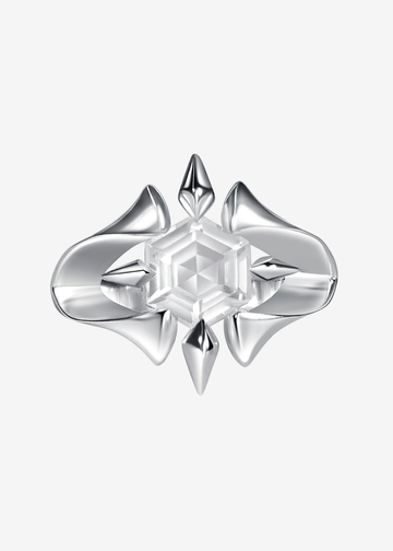 silver ring with quartz stone at the center on a white background