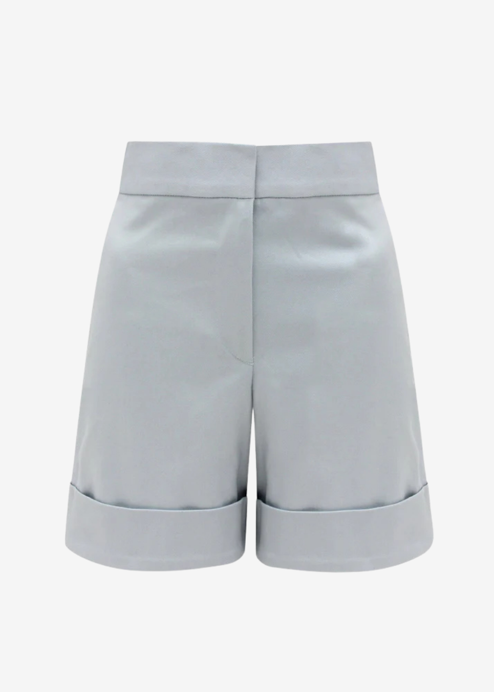 Light gray tailored shorts with a high waist, front crease, and rolled cuffs, shown on a plain light gray background.