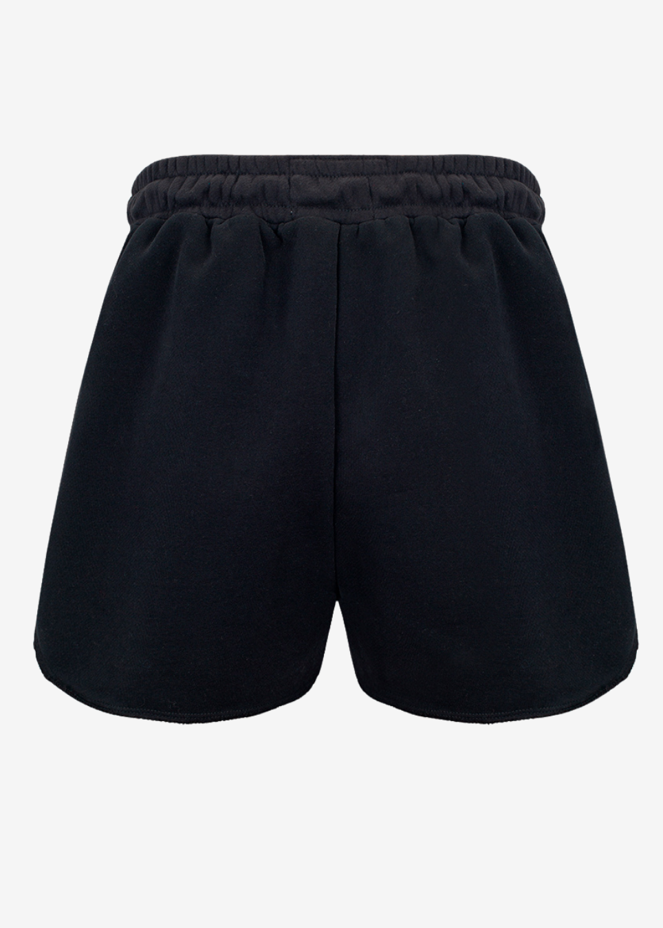 Black athletic shorts with an elastic waistband, shown from the back on a light gray background.