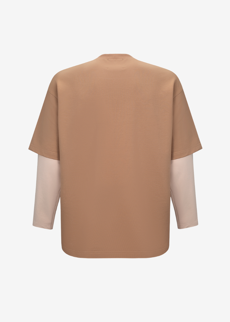 A tan short-sleeve t-shirt with long, contrasting light beige sleeves, shown from the back on a clean white background.