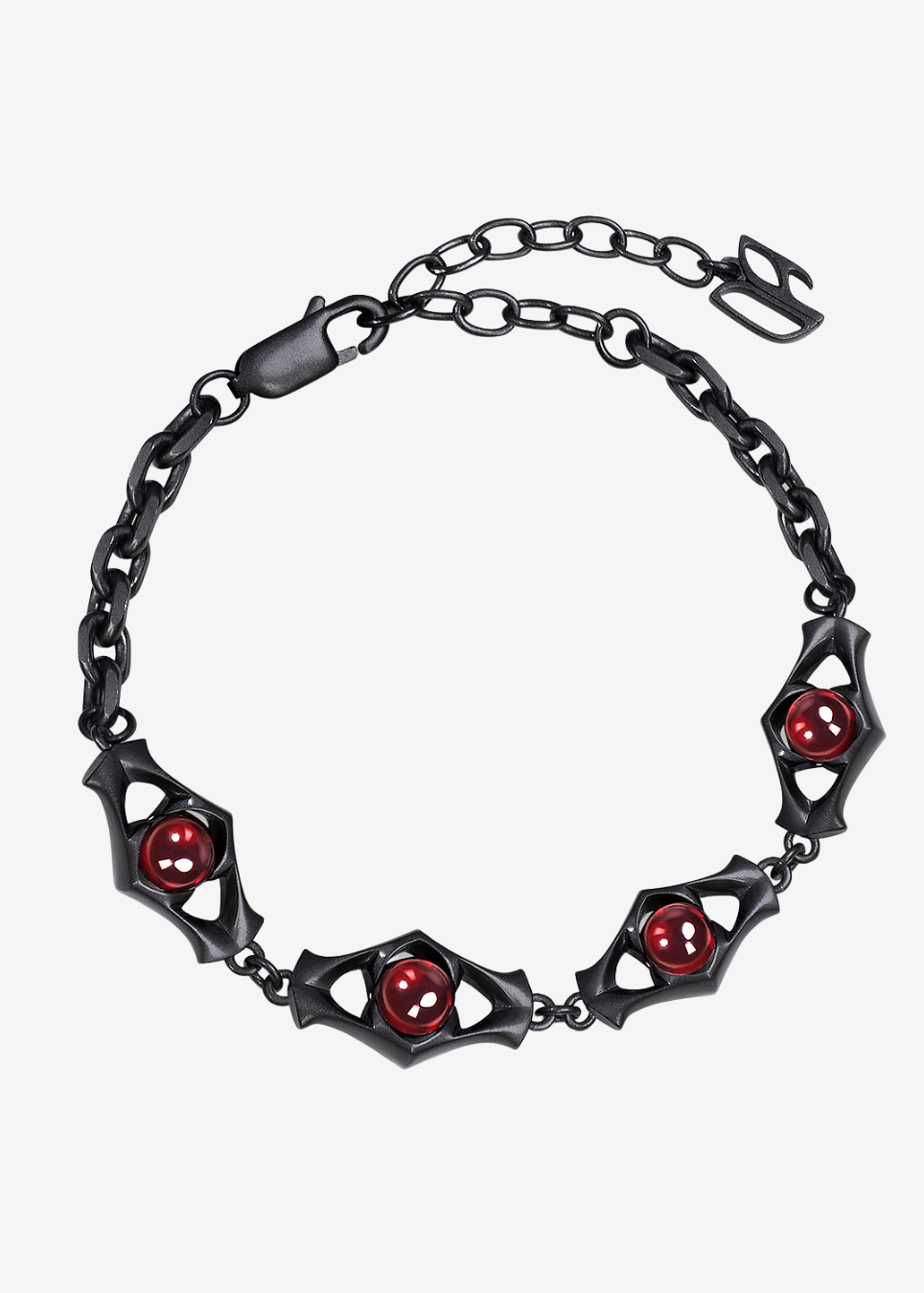 A gothic-style black metal chain bracelet featuring bat-shaped links with red circular gemstone accents, displayed on a light gray background.
