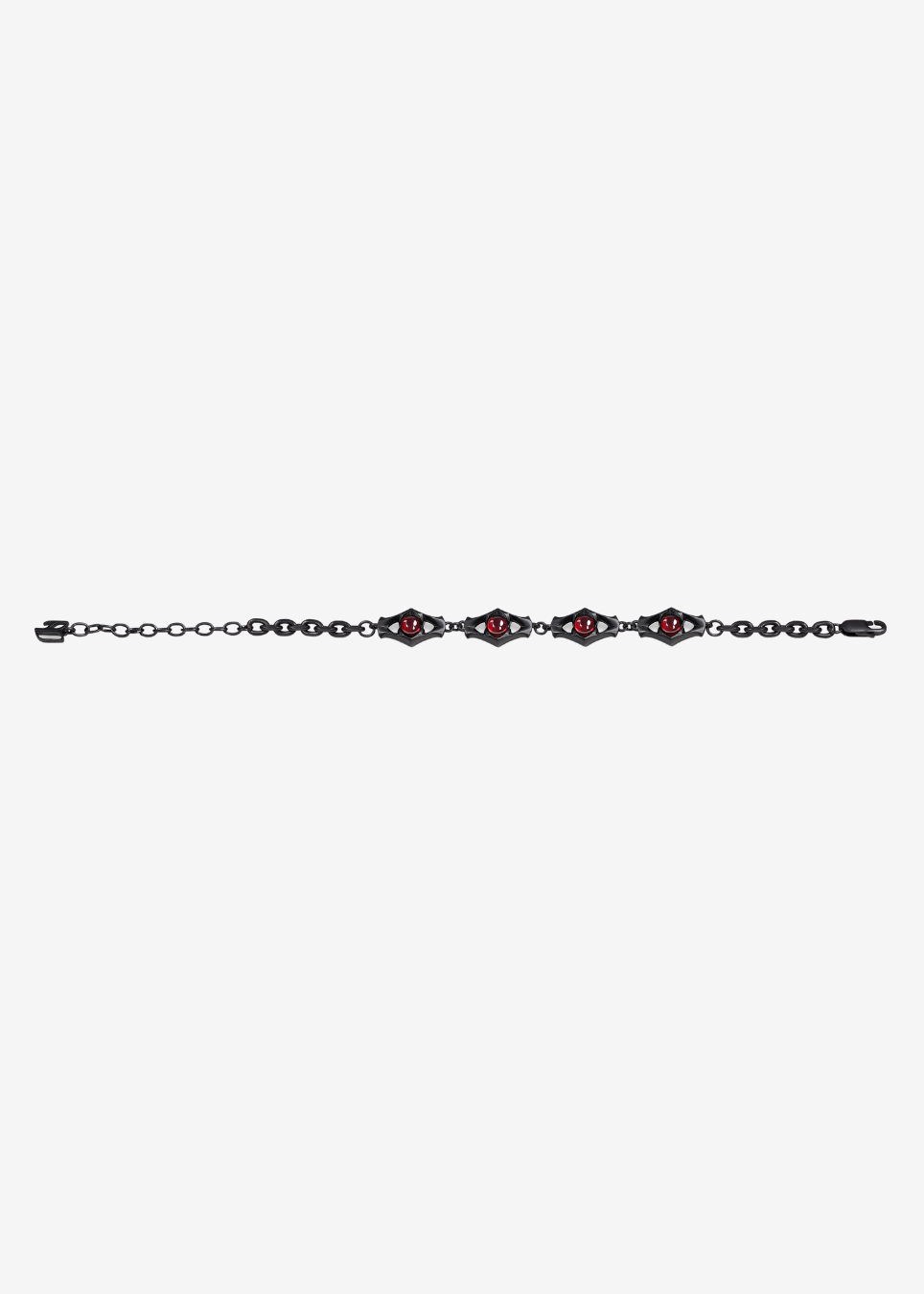 A delicate chain bracelet featuring three central hexagonal links with red inlay and black detailing, flanked by smaller black and silver links, shown against a plain light gray background.
