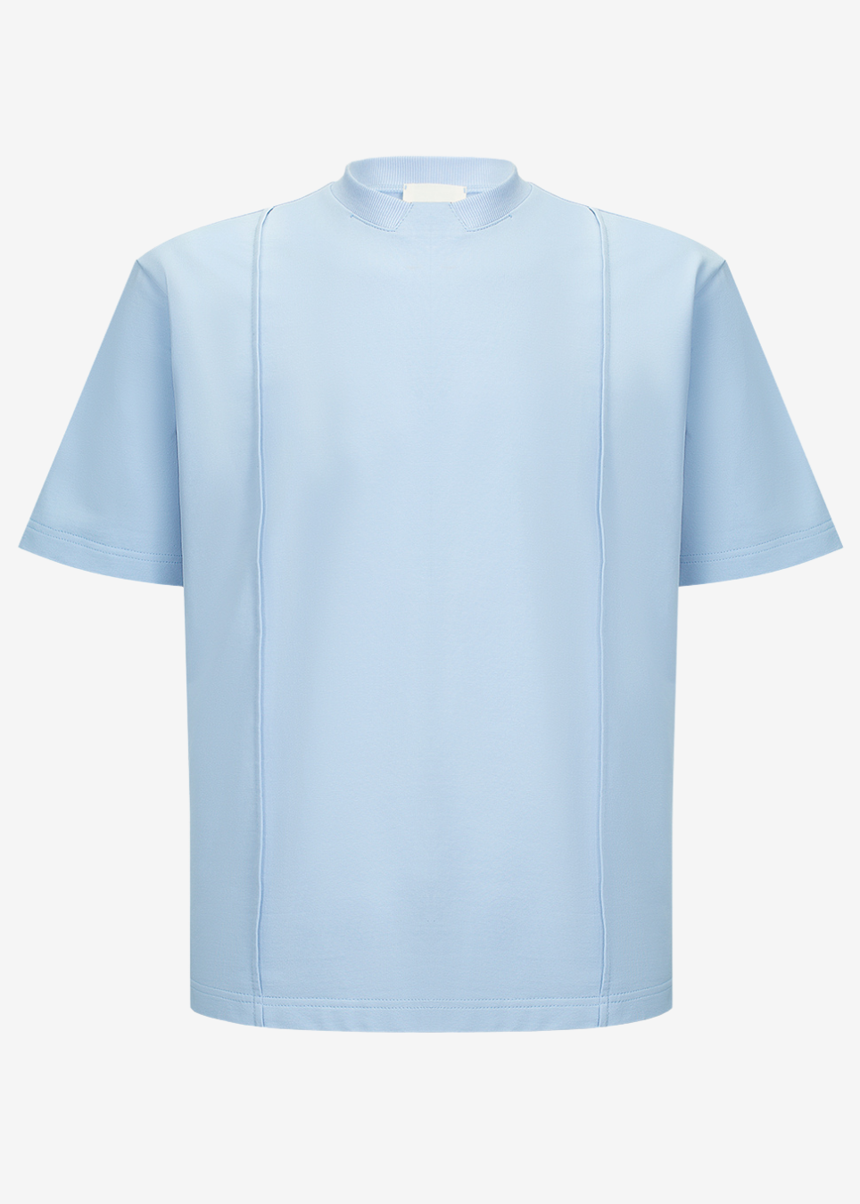 A light blue short-sleeve top with a mock neck and subtle vertical seam details, shown on a clean white background.
