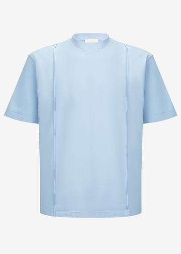 A light blue short-sleeve top with a mock neck and subtle vertical seam details, shown on a clean white background.