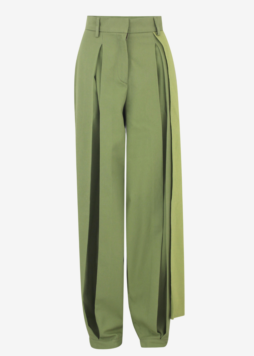 A pair of olive green wide-leg trousers with a high waist, front pleats, and vertical side slits, shown against a plain light gray background.