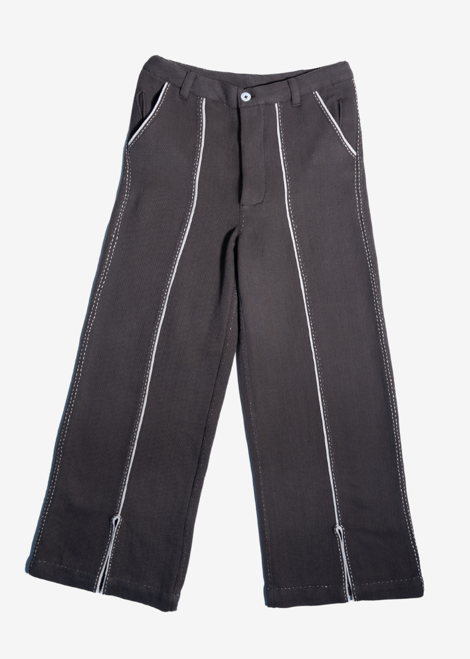 Black wide-leg pants with prominent white contrast stitching running down the front of each leg, shown flat against a light gray background.